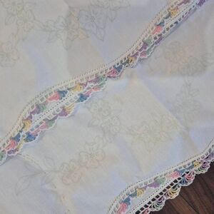 Pillowcases (2) White Cotton, Vintage, Crocheted Edge and Iron on Design that ne